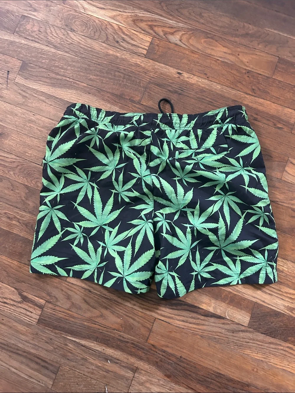 Fashion Nova Men Black Swim Shorts with Bright Green Leaf Print